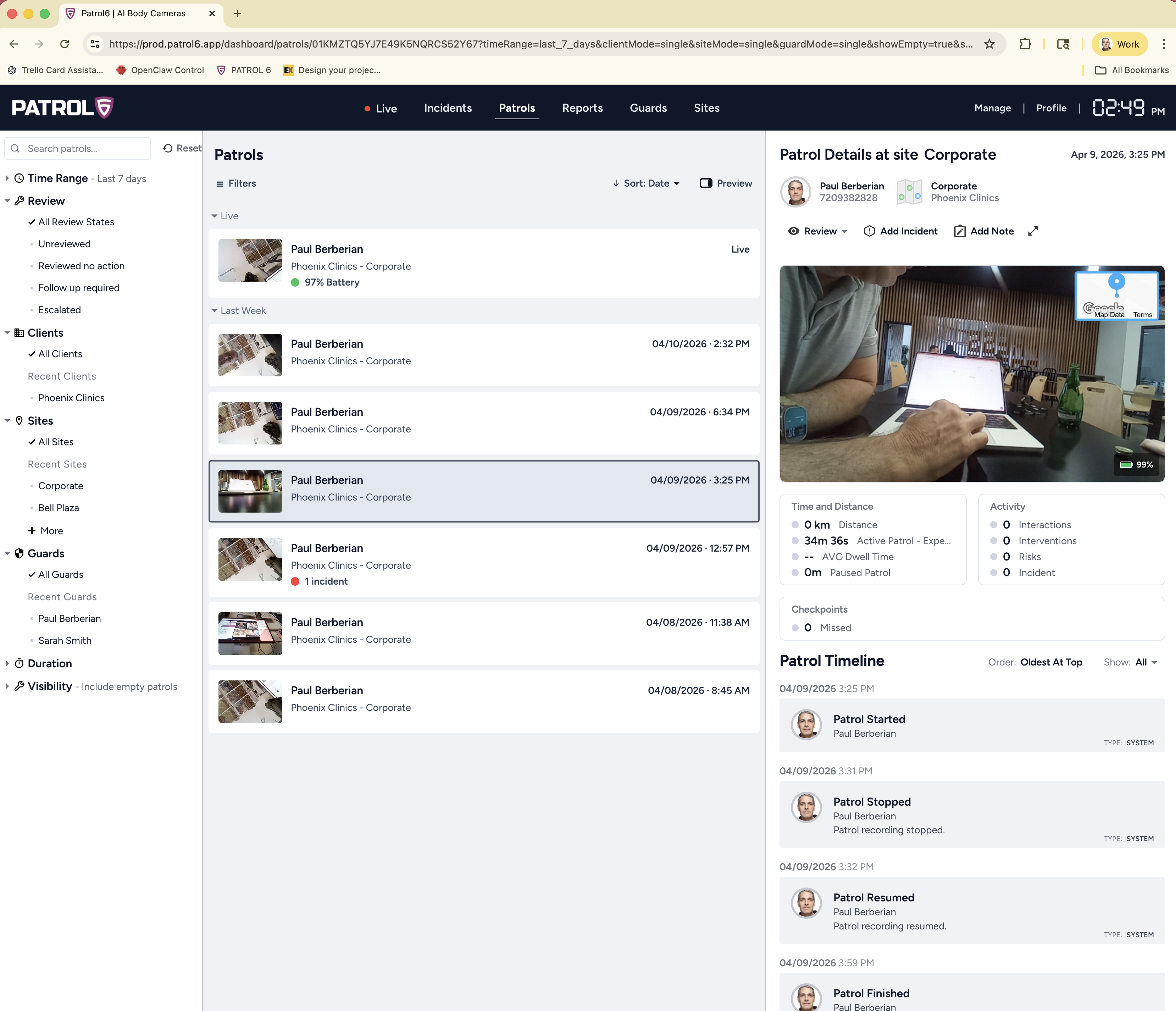 PATROL 6 command center showing live patrols and incident timeline